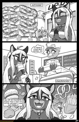 anthro beak beverage big_breasts blush bodily_fluids breasts burger chicken_meat chicken_nugget chips_(food) choker churro clothing container crop_top cup dialogue_box drinking_straw drumstick_(food) duo eating eyes_closed female food fries hair headgear headwear hot_dog jewelry licking licking_lips meat name_tag necklace non-mammal_breasts onion_rings open_beak open_mouth sandwich_(food) shirt speech_bubble sweat teeth text tongue tongue_out topwear viroveteruscy if_hell_had_a_taste caitlin_kelly avian bird domestic_cat felid feline felis mammal 2026 absurd_res comic digital_media_(artwork) english_text hi_res monochrome