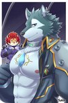 anthro barazoku clothed clothing countershading duo male muscular muscular_anthro muscular_male nipples open_clothing open_shirt open_topwear pecs shirt topwear chuurow lifewonders tokyo_afterschool_summoners breke_(tas) nomad_(tas) canid canine canis felid mammal pantherine tiger wolf hi_res