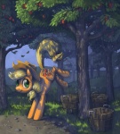 apple basket blonde_hair container cutie_mark female feral food fruit green_eyes hair legs_up plant quadruped solo tail tree wood dimespin friendship_is_magic hasbro my_little_pony applejack_(mlp) earth_pony equid equine horse mammal pony