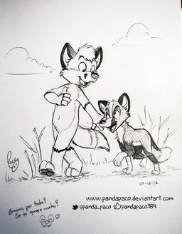 anthro fangs featureless_crotch hair logo male male_anthro navel nude open_mouth open_smile outside short_hair smile solo tail tail_tuft teeth text tuft young young_anthro young_male pandapaco canid canine fox mammal artist_logo monochrome signature sketch url