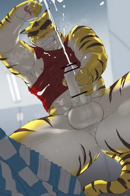 anthro big_muscles big_penis blue_eyes bodily_fluids boxers_(clothing) ceiling_lamp clothing cum cumshot ejaculation erection genital_fluids genitals humanoid_genitalia lamp locker locker_room male masturbation muscular musk nipples orgasm orgasm_face penis penis_grab red_clothing red_shirt red_tank_top red_topwear shirt solo sweat tank_top topwear underwear rotton morenatsu torahiko_ooshima felid mammal pantherine tiger 2021 absurd_res hi_res