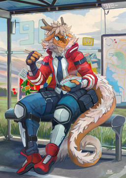 anthro bottomwear bus_stop clothed clothing detailed_background fingerless_gloves food footwear gloves handwear horn jacket knee_pads male necktie noodles pants shoes sitting solo tail topwear plive asian_mythology east_asian_mythology mythology dragon eastern_dragon mythological_creature mythological_scalie scalie 2022 absurd_res hi_res