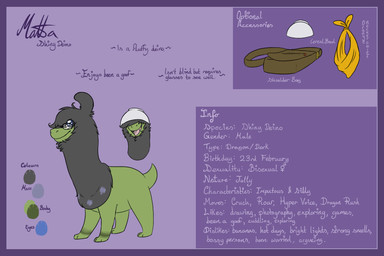 bag black_body black_fur border bowl bowl_on_head character_bio color_swatch container eyewear feral fur glasses green_body green_scales kerchief male open_mouth purple_body purple_border purple_fur satchel scales silly solo text the-chibster mythology nintendo pokemon pokemon_mystery_dungeon spike_chunsoft deino dragon generation_5_pokemon mythological_creature mythological_scalie pokemon_(species) scalie shiny_pokemon 2012 3:2 english_text model_sheet