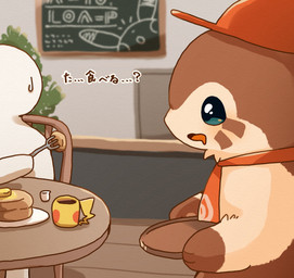 3_fingers accessory ambiguous_gender blush bodily_fluids brown_body brown_fur clothing container cup cutlery daww drooling duo feral fingers food fork fur gloves_(marking) hat headgear headwear kemono kitchen_utensils markings necktie plant saliva sitting sweat tan_body tan_fur text tools ke_mo_suke nintendo pokemon pokemon_cafe_remix furret generation_1_pokemon generation_2_pokemon mammal pikachu pokemon_(species) 2020 hi_res japanese_text