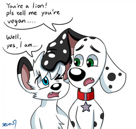 black_ears black_nose black_spots blue_eyes collar dialogue duo feral floppy_ears fur green_eyes heterochromatic_ears male pink_inner_ear red_collar spots star text toony white_body white_fur white_spots young young_feral rex100 101_dalmatian_street 101_dalmatians disney kimba_the_white_lion osamu_tezuka dylan_(101_dalmatians) kimba canid canine canis dalmatian domestic_dog felid lion mammal pantherine crossover english_text hi_res