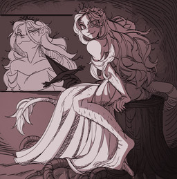 :3 arm_hair bare_shoulders barefoot big_feet big_tail blade body_hair claws clothed clothing crown dagger dress eyebrows feet female fluffy fluffy_tail hair hairy headgear holding_knife holding_object humanoid_pointy_ears knife leg_hair long_hair looking_at_viewer melee_weapon messy_hair monster_girl_(genre) off_shoulder pointy_ears pov_hands roots simple_background sitting sitting_on_stump smug smug_face smug_grin snout solo tail tail_tuft thick_eyebrows threatening tiara toe_claws tuft weapon white_body white_hair 0xeyedaisy knife_cat slay_the_princess the_princess_(slay_the_princess) the_witch_(slay_the_princess) animal_humanoid cat_humanoid felid felid_humanoid feline feline_humanoid humanoid mammal mammal_humanoid unknown_species greyscale hi_res meme monochrome