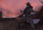 anthro breasts claws clothed clothing detailed_background dragunov eyewear female fluffy fluffy_tail fur glasses gloves gun hair handwear holding_object holding_weapon orange_eyes ranged_weapon red_hair rifle solo svd tail weapon white_body white_fur tashalisets s.t.a.l.k.e.r. canid canine canis mammal wolf absurd_res hi_res