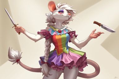 anthro bottomwear braided_hair braided_ponytail breasts clothed clothing clown_costume clown_makeup female front_view fur hair juggling knife long_hair looking_aside medium_breasts multicolored_clothing ponytail purple_eyes simple_background skirt smile solo standing tail tail_tuft tuft whiskers white_body white_fur white_hair taiyokami sorte mammal murid murine rat rodent 3:2 absurd_res hi_res portrait three-quarter_portrait