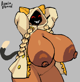 anthro areola big_areola big_breasts big_nipples black_body black_fur black_tail blonde_hair bottomless bottomless_female bottomless_humanoid braided_hair braided_pigtails breasts brown_areola brown_body brown_nipples brown_skin clothed clothing dipstick_tail eyes_closed female female_humanoid front_view fur genitals grey_background hair hands_behind_head hoodie huge_areola huge_breasts huge_nipples markings multicolored_body multicolored_fur multicolored_tail nipples open_clothing open_hoodie open_topwear partially_clothed partially_clothed_female partially_clothed_humanoid shadow_face shaking_breasts simple_background smile solo standing tail tail_markings tan_clothing tan_hoodie tan_topwear teeth text thick_thighs topwear vulva white_body white_fur white_tail white_tail_tip adriademon arc_system_works blazblue taokaka animal_humanoid cat_humanoid felid felid_humanoid feline feline_humanoid humanoid kaka_(blazblue) mammal mammal_humanoid 2025 animated artist_name digital_media_(artwork) hi_res loop