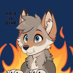 ambiguous_gender anthro black_body black_fur black_nose black_text brown_body brown_fur cheek_tuft claws dipstick_ears ear_markings facial_tuft finger_claws fire fire_background fur hair inner_ear_fluff markings mouth_closed multicolored_ears neck_tuft paws solo tan_body tan_fur tan_inner_ear tan_inner_ear_fluff text translucent translucent_hair tuft feve this_is_fine canid canine canis mammal wolf 1:1 2026 alpha_channel english_text icon reaction_image