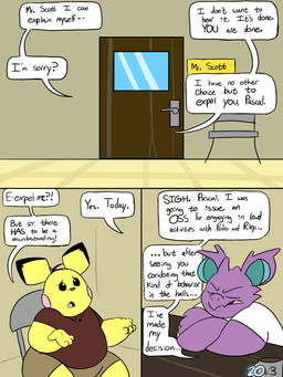 anthro black_ear_tips black_hair black_sclera bottomwear brown_bottomwear brown_clothing brown_pants brown_shirt brown_topwear chair clothing collared_shirt container cup desk dialogue dipstick_ears dress_shirt duo ear_markings furniture hair horn male markings multicolored_ears page_number pants pink_cheeks principal purple_body purple_ears school shirt simple_background speech_bubble table teal_inner_ear text topwear white_clothing white_eyes white_shirt white_topwear yellow_body yellow_ears chonkymouse nintendo pokemon mr._scott_(chonkymouse) pace_(blastoiseanimator) generation_1_pokemon generation_2_pokemon nidoking pichu pokemon_(species) 2024 3:4 colored comic digital_media_(artwork) english_description english_text flat_colors hi_res