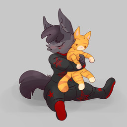 ambiguous_gender anthro black_body black_fur black_hair cat_plushie clothing diaper diaper_bulge eyes_closed footed_sleeper fur grey_background grey_body grey_fur hair holding_object holding_plushie hug hugging_object hugging_plushie markings onesie plushie red_markings simple_background solo tail toddler young young_anthro rhapsody_tenrai rhapsody_tenrai_(character) canid canine canis mammal wolf 1:1 2026 digital_drawing_(artwork) digital_media_(artwork) hi_res signature
