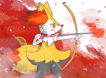 ambiguous_anthro ambiguous_gender anthro arrow_(weapon) biped blush bow_(weapon) closed_frown digitigrade fire food frown knock-kneed mouth_closed ranged_weapon shrimp_(food) side_view snout solo standing weapon annyui0611 nintendo pokemon braixen canid generation_6_pokemon mammal pokemon_(species) 2022 digital_drawing_(artwork) digital_media_(artwork) hi_res japanese_description portrait three-quarter_portrait translated_description