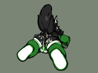 anthro backsack balls big_butt black_body black_fur bodily_fluids bulge bulge_from_behind butt clothing controller cum cum_on_butt cum_on_clothing footwear fur genital_fluids genitals green_background green_clothing green_shirt green_topwear green_underwear lying machine male on_front perineum shirt simple_background socks solo thick_thighs topwear underwear killerwhale0 protogen 4:3 digital_media_(artwork)