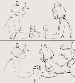 anthro blush bodily_fluids clothed clothing container cuckold cup date drinking_glass female glass glass_container glass_cup group hair hand_holding imminent_sex male male/female onomatopoeia penetration plap short_hair simple_background sound_effects sweat sweatdrop tail text trio white_background wine_glass pekorelle felid feline mammal 2024 comic digital_drawing_(artwork) digital_media_(artwork) monochrome sketch