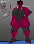 big_breasts breasts clothed clothing dialogue female hand_on_hip horn muscular muscular_female red_body text thick_thighs repomorame horned_humanoid humanoid absurd_res english_text hi_res