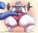 big_butt bodily_fluids butt crouching dumbbell exercise female huge_butt looking_back obese obese_female overweight overweight_female smile smiling_at_viewer suggestive sweat weights vishykin talia_(ns22) felid feline mammal hi_res