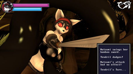 anthro big_breasts black_clothing black_hair black_topwear bottomwear breasts brown_bottomwear brown_clothing brown_pants chest_tattoo clothed clothed_anthro clothed_female clothing female forest freckled_face freckles fur gameplay_mechanics gui hair health_bar melee_weapon pants plant red_sclera shocked solo sword tattoo text topwear tree weapon white_body white_fur psikokinetic warfaremachine_(modeler) natsumi_mercier canid canine demon fox mammal 16:9 2024 3d_(artwork) 4k absurd_res digital_media_(artwork) english_text hi_res source_filmmaker_(artwork) widescreen