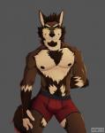 anthro black_body black_fur boxer_briefs brown_body brown_fur bulge clothed clothing fangs fur green_eyes grey_background hand_behind_back hand_on_leg looking_at_viewer male nipples red_clothing red_underwear simple_background smile solo standing teeth underwear howeed west_(genericdefault) canid canine canis coyote mammal 2019 digital_media_(artwork) hi_res