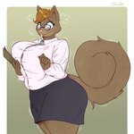 1:1 anthro big_breasts big_butt biped blush bodily_fluids bottomwear breasts brown_body brown_fur brown_hair butt clothed clothing curvy_figure eyewear female fluffy fluffy_tail fur glasses goolee hair inner_ear_fluff mammal rodent sciurid shirt short_hair simple_background skirt solo sweat tail thick_thighs topwear tree_squirrel tuft voluptuous