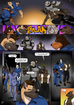5_fingers abs anthro armor arrested black_body black_fur black_hair black_nose brown_body brown_fur brown_hair clothed clothed_anthro clothed_male clothing dialogue eyewear fangs fight fingers fur grey_hair grin group gun hair hair_over_eyes handgun humanoid_hands interrupted male markings multicolored_body multicolored_fur multicolored_hair muscular muscular_anthro muscular_male page_number pistol police police_officer police_uniform ranged_weapon revolver shirt smile spots spotted_body spotted_fur standing sunglasses surrendering teeth text topwear two_tone_hair uniform vest weapon white_body white_fur nexus bonner_(character) dieff_(nexus) elijah_(nexus) jason_steiner paul_(nexus) bovid bovine canid canine canis cattle dalmatian dobermann domestic_dog german_shepherd herding_dog hyaenodon hyaenodontid mammal pastoral_dog pinscher yak comic english_text hi_res