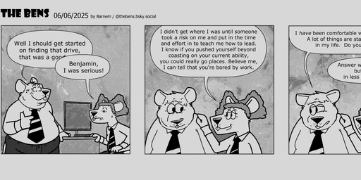 anthro belly biped bottomwear clothing computer dialogue duo electronics male necktie overweight overweight_male pants shirt sitting text topwear barnem mammal murid murine rat rodent 2025 comic english_text hi_res monochrome