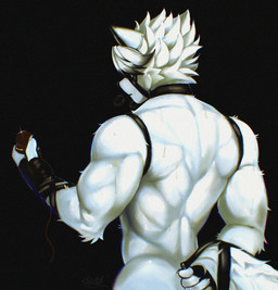 anthro back_muscles biceps black_hair bodily_fluids butt claws clock clothed clothing collar fur gloves hair hand_behind_back handwear harness looking_away male muscular muscular_anthro muscular_arms muscular_male serious_face solo straps sweat sweatdrop topless white_body white_fur etheroorb mihoyo zenless_zone_zero von_lycaon canid canine canis mammal thiren wolf hi_res