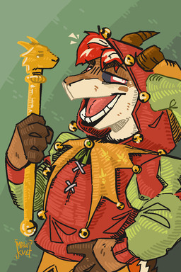 anthro clothing fool's_hat hair hat headgear headwear holding_object horn jester jester_outfit looking_at_viewer male open_mouth red_hair smile smiling_at_viewer solo teeth teeth_showing tongue mawkvlt hi_res