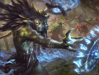 ambiguous_gender bone casting_spell detailed_background forest glowing glowing_eyes group holding_object holding_staff humanoid_pointy_ears loose_feather male not_furry outside plant pointy_ears runes smile solo_focus staff tree tribal tusks billy_christian artifact_(game) valve_corporation humanoid troll_(mythology) 2018 digital_media_(artwork) hi_res official_art