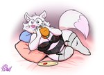accessory anthro big_breasts breasts clothed clothing cosplay crossover_cosplay eating female fur garter garter_belt garter_straps legwear lingerie makeup nipples overweight overweight_anthro overweight_female pink_body pink_fur simple_background slightly_chubby solo stockings tail thick_thighs topwear underwear wide_hips fourball five_nights_at_freddy's five_nights_at_freddy's_2 roommates:motha scottgames mangle_(fnaf) mango_(roommates) canid canine fox lagomorph mammal absurd_res crossover digital_media_(artwork) hi_res