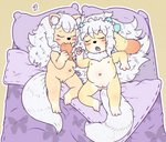 anthro bed blush clitoris duo female flat_chested furniture genitals navel nibbling nipples nude pussy sleeping spread_legs spreading young young_anthro lahuncham mei_(sirbrownbear) canid canine canis domestic_cat domestic_dog felid feline felis mammal hi_res