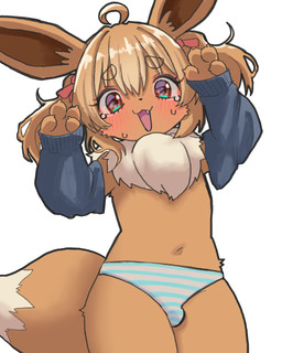 4_fingers accessory ahoge anthro anthrofied armwear blush bottomwear brown_body brown_fur brown_hair bulge claws clothed clothed_anthro clothed_male clothing cute_fangs detached_sleeves embarrassed fangs femboy finger_claws fingers fluffy fur hair hair_accessory hair_ribbon kemono looking_at_viewer male male_anthro navel neck_tuft open_mouth panties pattern_bottomwear pattern_clothing pattern_panties pattern_underwear pokemorph rawr ribbons simple_background solo striped_bottomwear striped_clothing striped_panties striped_underwear stripes tail teeth tongue tuft twintails_(hairstyle) underwear white_background young young_anthro young_male neko_t_chan nintendo pokemon eevee generation_1_pokemon pokemon_(species) 2025 4:5 alternate_version_at_source digital_media_(artwork) hi_res portrait three-quarter_portrait