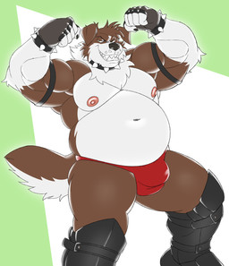 anthro armband barazoku belly biceps black_claws boots bracelet brown_body brown_fur bulge chest_tuft claws clothing collar detailed_bulge evil_grin flexing flexing_bicep flexing_both_biceps footwear fur green_eyes jewelry leather looking_at_viewer male muscular muscular_anthro muscular_male neck_tuft nipples pecs pose sharp_teeth shoes smile smiling_at_viewer smirk smirking_at_viewer solo spiked_bracelet spiked_collar spikes teeth thong tuft underwear white_body white_fur wrestler wrestling_outfit tderek99 merdreck border_collie canid canine canis collie domestic_dog herding_dog mammal pastoral_dog sheepdog 2026 hi_res pinup