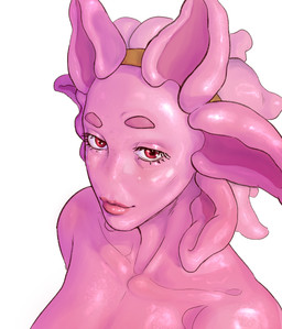 accessory bald close-up collarbone eyebrows eyelashes face_focus female frill_(anatomy) glistening glistening_body headband lips lipstick looking_at_viewer makeup noseless nude pink_body pink_frill pink_pseudo_hair pseudo_hair raised_eyebrow red_eyes simple_background smile smiling_at_viewer solo three-quarter_view white_background deentag amphibian aquatic axolotl humanoid mole_salamander salamander bust_portrait detailed digital_media_(artwork) headshot_portrait hi_res icon portrait
