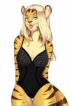 anthro basque breasts clothed clothing curvy_figure felid female green_eyes hi_res hourglass_figure kara_(furryneko) lingerie looking_at_viewer mammal melamoryblack pantherine smile solo standing tiger tongue tongue_out wide_hips