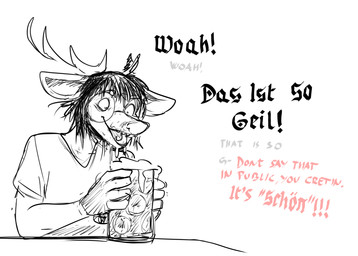 alcohol anthro beer beverage container cup dialogue drinking_glass eyewear glass glass_container glass_cup glass_mug glasses holding_container holding_cup holding_glass holding_mug holding_object male mug solo text hladilnik marylin_(hladilnik) deer mammal 2025 english_text german_text hi_res translated