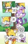 2024 absurd_res anthro big_breasts biped blaze_the_cat breasts canid canine clothed clothing dialogue domestic_cat duo english_text felid feline felis female fox fur gachimuchi hi_res ichduhernz male mammal miles_prower pupils purple_body purple_fur sega smile sonic_the_hedgehog_(series) speech_bubble text yellow_body yellow_fur