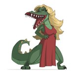 1:1 alligator alligatorid anthro blonde_hair brazilian_mythology countershading crocodilian cuca_(brazilian_mythology) eyes_closed female green_body hair long_hair low_res non-mammal_hair open_mouth reptile scalie simple_background sitio_do_picapau_amarelo solo tongue unknown_artist