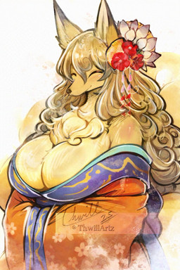accessory anthro asian_clothing bare_shoulders big_breasts breasts buxom cleavage clothed clothed_anthro clothed_female clothing eyes_closed female flower flower_in_hair hair hair_accessory kemono large_hair mature_anthro mature_female multi_tail plant role-playing_game smile solo tail text thwillartz paizo pathfinder canid canine fox mammal 2:3 artist_name hi_res signature