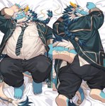 anthro barefoot beard belly blue_body dakimakura facial_hair feet hair horn lying male mature_male necktie on_back on_front overweight overweight_male solo white_hair yellow_eyes yed lifewonders mythology tokyo_afterschool_summoners qinglong_(tas) dragon mythological_creature mythological_scalie scalie 2024 absurd_res dakimakura_design hi_res