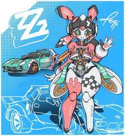 5_fingers alternate_costume antenna_wire black_body black_sclera blue_background breasts checkered clothing collar cropped_jacket dotted_background exhaust_pipe featureless_feet feet female female_humanoid fingers green_eyes hair jacket legwear logo machine metallic_body metallic_hair multicolored_body pattern_background pawpad_gloves pawpads pigtails pink_clothing pink_hair pink_jacket pink_legwear pink_thigh_highs pink_topwear pseudo_hair pupils race_car robotic_joints robotic_leg simple_background smile solo text text_on_body thick_thighs thigh_highs topwear unusual_pupils white_body white_clothing white_legwear white_thigh_highs wide_hips vulturoth mihoyo zenless_zone_zero aria_(zenless_zone_zero) humanoid robot robot_humanoid 2026 english_text signature