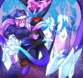 ambiguous_gender annoyed anthro big_breasts big_ears black_body blue_body blue_fur blue_markings blush blush_stickers breasts clothed clothing crystal crystal_horn duo eye_contact female fool's_hat fur gradient_body gradient_ears gradient_horn gradient_tail hair hand_on_shoulder hat headgear headwear horn long_nails looking_at_another markings mouthless multicolored_body pink_body pink_hair ponytail pseudo_horn red_markings simple_background slightly_chubby space sweater tail topwear two_tone_body yoshimister kirby_(series) kirby_and_the_forgotten_land nintendo star-crossed_world cordelia_(yoshimister) genwel_meteonelfilis alien chinchillid humanoid mammal noddy_(kirby) rodent starling_(kirby) digital_media_(artwork) hi_res