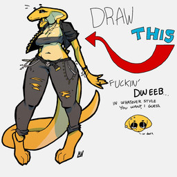 anthro belt bottomwear breasts clothing denim denim_bottomwear denim_clothing directional_arrow female furgonomic_piercing furgonomics jeans makeup mascara medium_breasts navel non-mammal_breasts non-mammal_navel pants piercing profanity skull_accessory slightly_chubby slightly_chubby_anthro slightly_chubby_female snake_hood snake_hood_piercing solo tail text torn_bottomwear torn_clothing torn_jeans torn_pants under_boob deltav debra_(deltav) reptile scalie snake 1:1 english_text hi_res