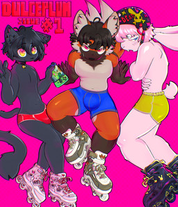 ahoge anthro big_legs black_body black_fur black_hair black_helmet blue_clothing blue_underwear bottomwear bulge chest_fur clothing collar electronics femboy footwear fur game_console group hair high-angle_view hotpants inline_skates long_tail male multicolored_eyes muscle_anthro muscular muscular_anthro muscular_male pink_eyes pink_hair purple_background red_body red_clothing red_fur red_underwear roller_skates shorts simple_background slim switch_console tail toned_legs trio underwear white_body white_fur yellow_clothing yellow_underwear dulceplum nintendo nintendo_switch canid canine felid feline lagomorph leporid mammal maned_wolf rabbit chromatic_aberration digital_media_(artwork) hi_res shaded