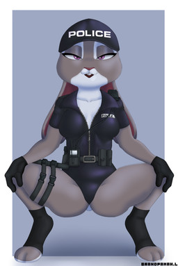 anthro black_clothing black_footwear black_gloves black_handwear black_leotard border breasts buckteeth butt butt_from_the_front clothing crouching digitigrade dipstick_ears ear_markings eyelashes female floppy_ears footwear front_view fur gloves grey_background grey_body grey_fur handwear leotard long_ears looking_at_viewer lop_ears markings multicolored_ears open_mouth pink_nose police police_uniform purple_eyes simple_background solo tactical_gear teeth uniform white_body white_border white_fur zipper grandpaman disney zootopia judy_hopps lagomorph leporid mammal rabbit hi_res