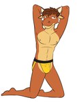 anthro bovid bovine bulge cattle chastity_cage chastity_device chastity_device_outline clothed clothing fuze hands_behind_head hi_res jockstrap jockstrap_only kneeling male mammal navel nipples pinup pose simple_background solo texnatsu topless ty_conrad underwear underwear_only white_background