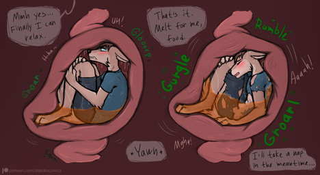 anthro anthro_prey barefoot blush blush_lines bodily_fluids bottomwear brown_hair clenched_teeth clothed clothing cramped damaged_clothing dialogue digestion duo eyes_closed fatal_vore feet green_text hair hugging_legs imminent_death inside_stomach internal male male_prey oral_vore partially_submerged scared shirt shorts soft_vore speech_bubble stomach_acid talking_to_prey teeth text topwear unseen_pred vore wet wet_body darkdraconica canid canine canis mammal wolf comic english_text hi_res url