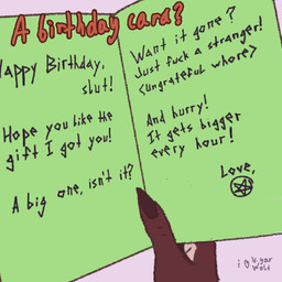 ambiguous_gender anthro birthday_card claws countershade_fur countershade_hands countershading dialogue fur holding_object mostly_offscreen_character occult_symbol pentagram profanity reading solo symbol text anonymous_artist shess'kah ambiguous_species hi_res story story_in_description