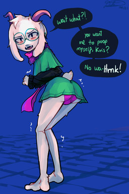 2_horns adolescent anthro barefoot biped black_clothing black_eyebrows black_eyes black_sweater black_topwear blue_background blush bulge butt clothed clothed_anthro clothed_male clothing crossdressing curved_horn dialogue eyebrows eyewear feet femboy fingers flesh_fang floppy_ears fur furgonomics glasses green_clothing green_eyewear green_glasses green_robe green_text horn knock-kneed long_sleeves looking_at_viewer male male_anthro open_mouth panties pink_tongue plantigrade purple_clothing purple_horn purple_panties purple_scarf purple_underwear robe round_glasses scarf scut_tail shaking short_tail simple_background snout solo standing sweater tail talking_to_another text tongue topwear trembling underwear white_body white_ears white_fur white_tail white_text young young_anthro young_male usagaijin deltarune undertale_(series) ralsei bovid caprine mammal 2021 absurd_res dated english_text handwritten_text hi_res signature