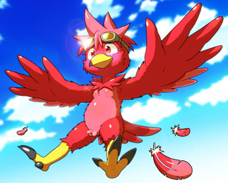 anthro balls blush day eyewear feathers foreskin genitals goggles humanoid_genitalia humanoid_penis male nude outside penis red_body red_feathers sky solo tight_foreskin unretracted_foreskin young young_anthro young_male nakayan avian bird 5:4 hi_res